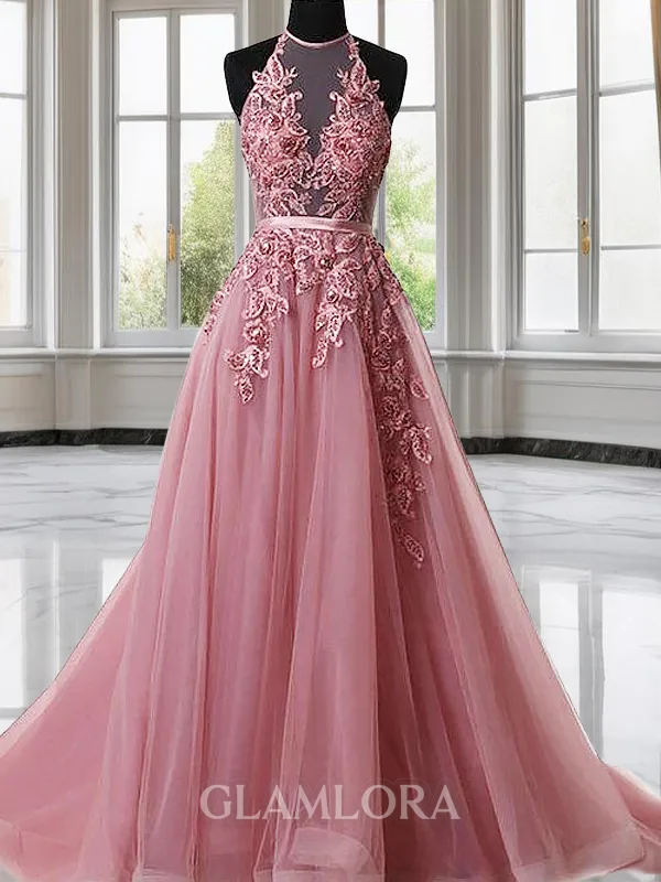 A-line Princess Halter Elegant Sleeveless Sweep Train Tulle Prom Dress With Applique
