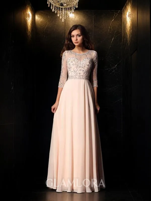 A-line Scoop 3/4 Sleeves Floor-Length Timeless Chiffon Prom Dress With Beading