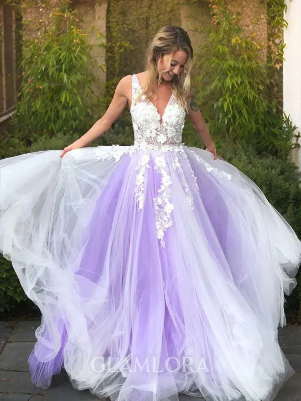 A-line Princess V-Neck Stylish Sleeveless Sweep Train Tulle Prom Dress