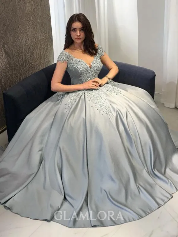 Ball-Gown Off-the-Shoulder Sleeveless Exquisite Sweep Train Satin Prom Dress With Beading