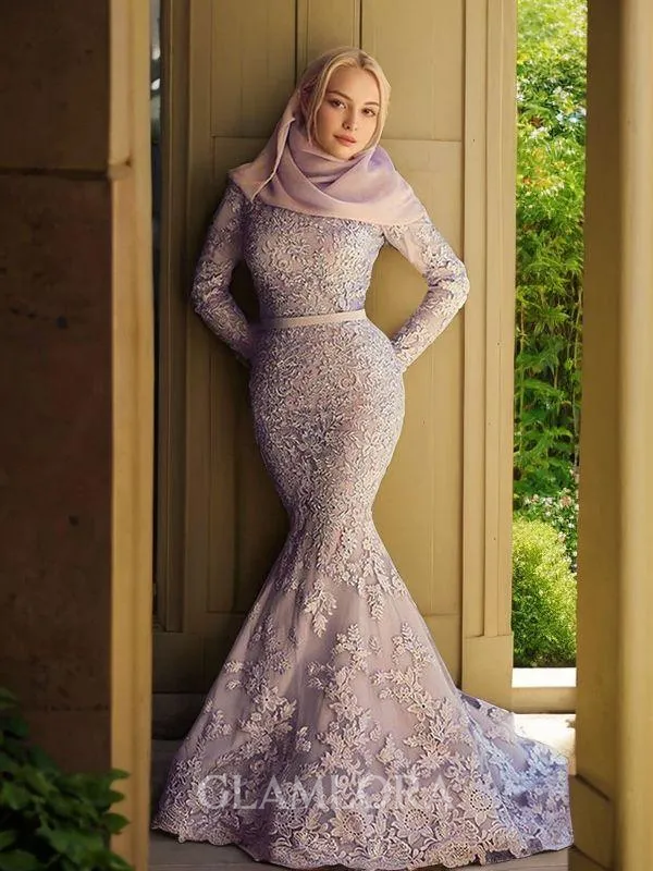 Trumpet/Mermaid Scoop Long Sleeves Sweep Train Seductive Lace Prom Dress With Ruffles