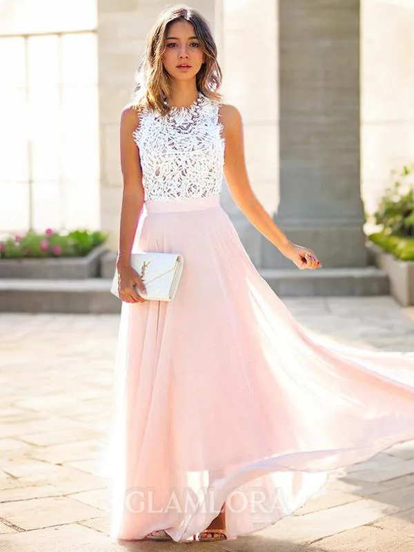 A-line Jewel Sleeveless Floor-Length Chiffon Simple Prom Dress With Lace