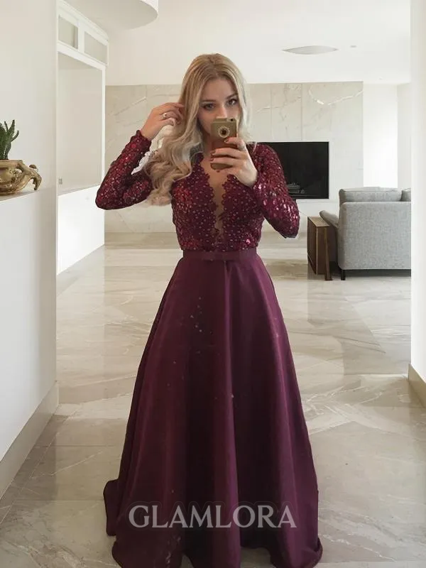 A-line Scoop Long Sleeves Floor-Length Feminine Satin Prom Dress With Sequins