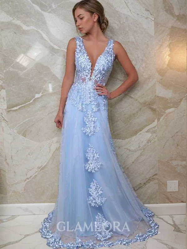 A-line Princess V-Neck Sleeveless Floor-Length Tulle Delicate Corset Prom Dress With Applique