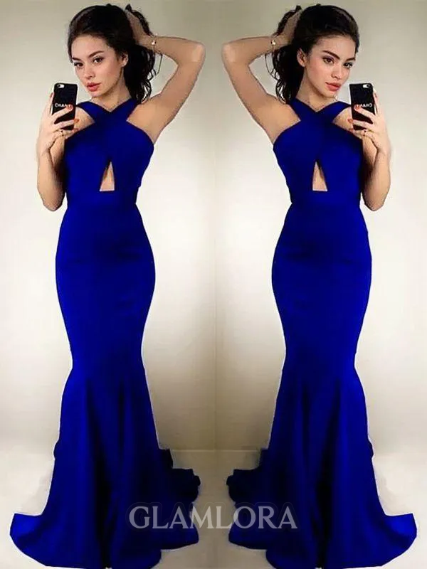 Sheath/Column Halter Sleeveless Sweep Train Graceful Satin Prom Dress With Ruched