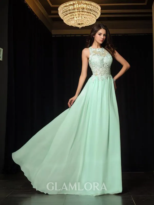 A-line High Neck Sleeveless Sweep Train Chiffon Refined Prom Dress With Applique
