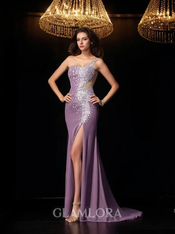 Striking Trumpet/Mermaid One-Shoulder Sleeveless Sweep Train Chiffon Prom Dress With Slit