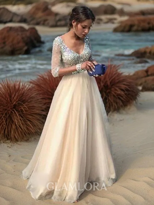 A-line Princess V-Neck Timeless Long Sleeves Floor-Length Tulle Prom Dress With Beading