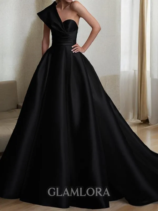 A-line One-Shoulder Sleeveless Sweep Train Charming Satin Prom Dress