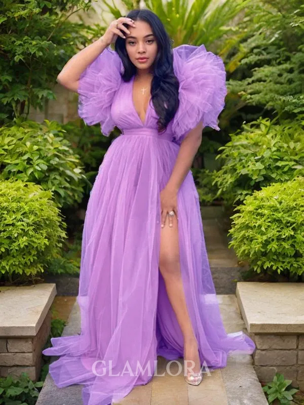 Stunning A-line Princess V-Neck Sleeveless Sweep Train Tulle Prom Dress With Slit