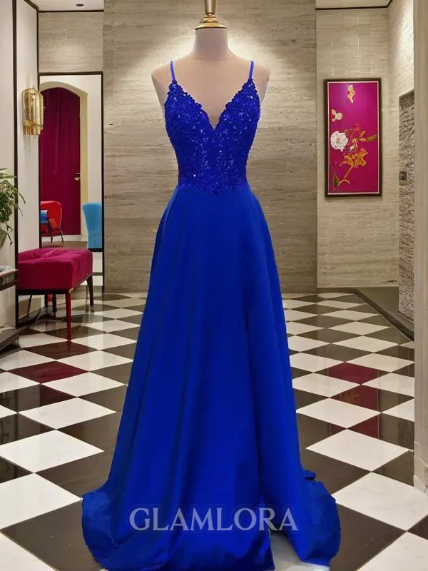 A-line Dreamy V-Neck Sleeveless Sweep Train Satin Prom Dress