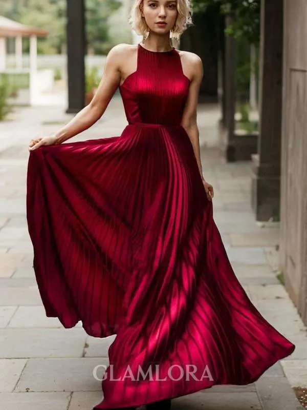 A-line Halter Sleeveless Trendy Floor-Length Silk like Satin Prom Dress With Ruched