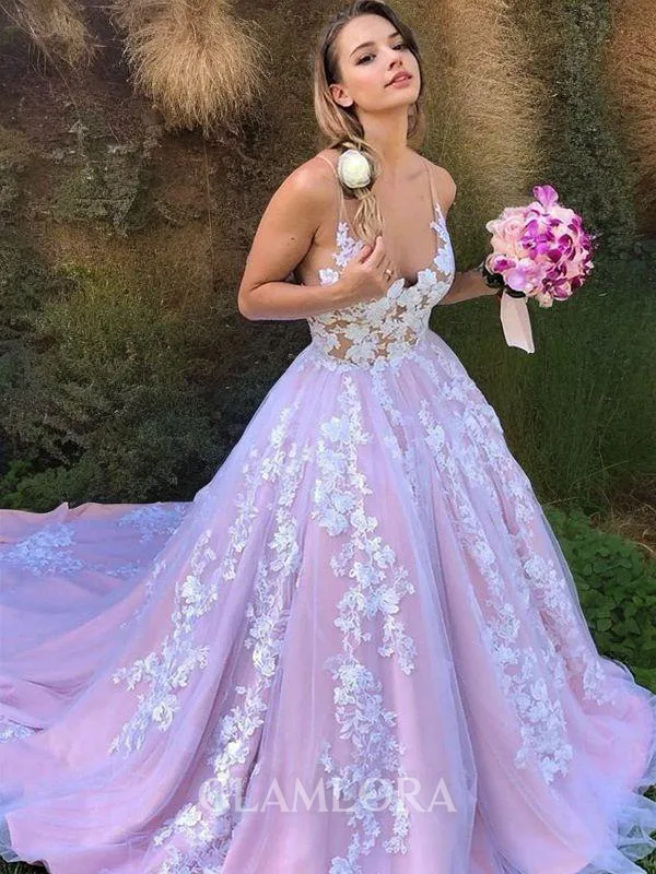 Ball-Gown Splendid V-Neck Sleeveless Sweep Train Lace Prom Dress