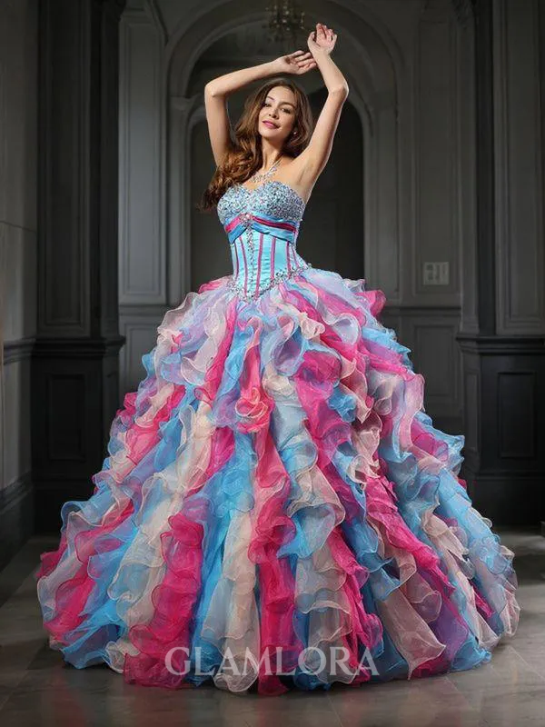 Ball-Gown Sweetheart Sleeveless Floor-Length Cinderella Organza Prom Dress With Beading