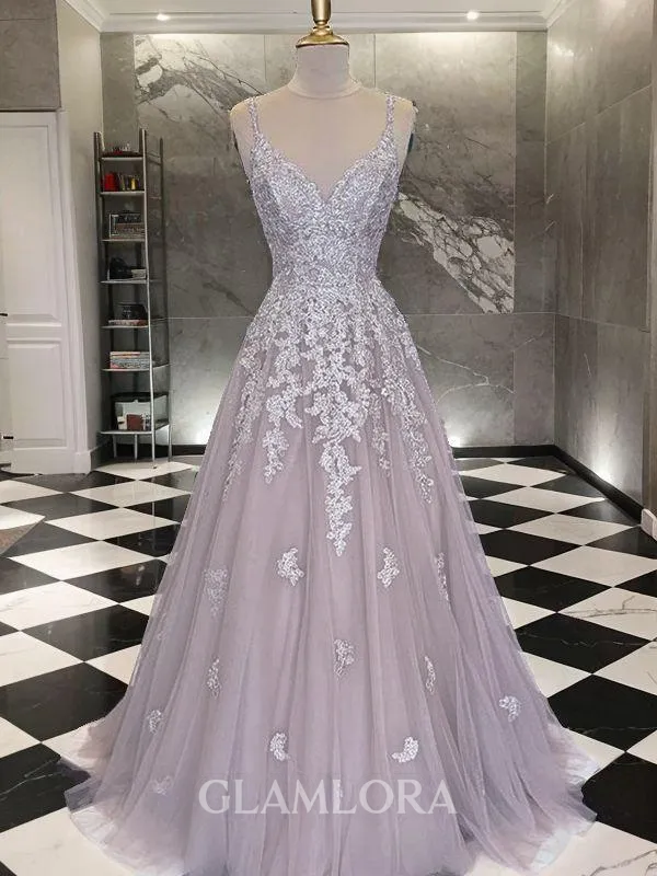 A-line Princess V-Neck Sleeveless Floor-Length Charming Tulle Prom Dress