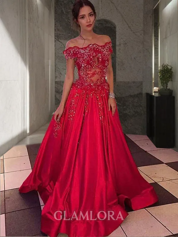 Ball-Gown Off-the-Shoulder Sleeveless Sweep Train Satin Cute Prom Dress With Beading