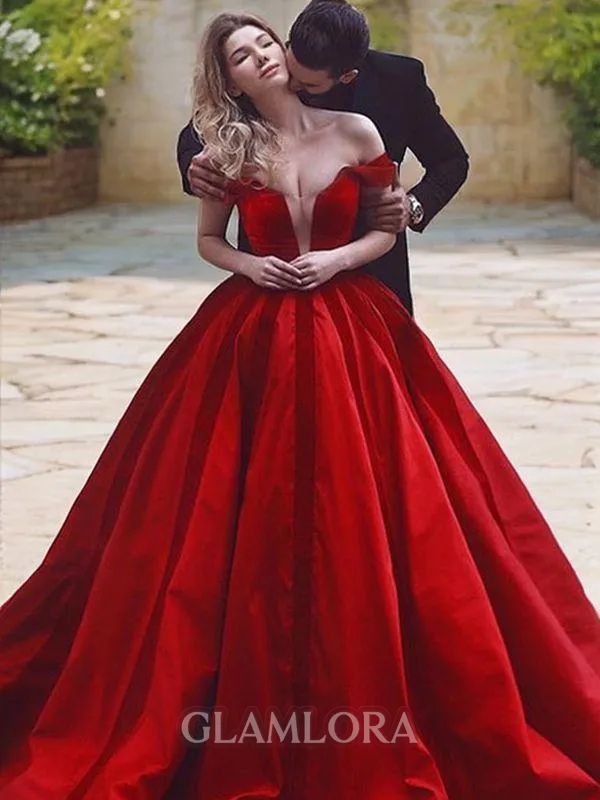 Ball-Gown Gorgeous Off-the-Shoulder Sleeveless Sweep Train Satin Prom Dress With Ruffles