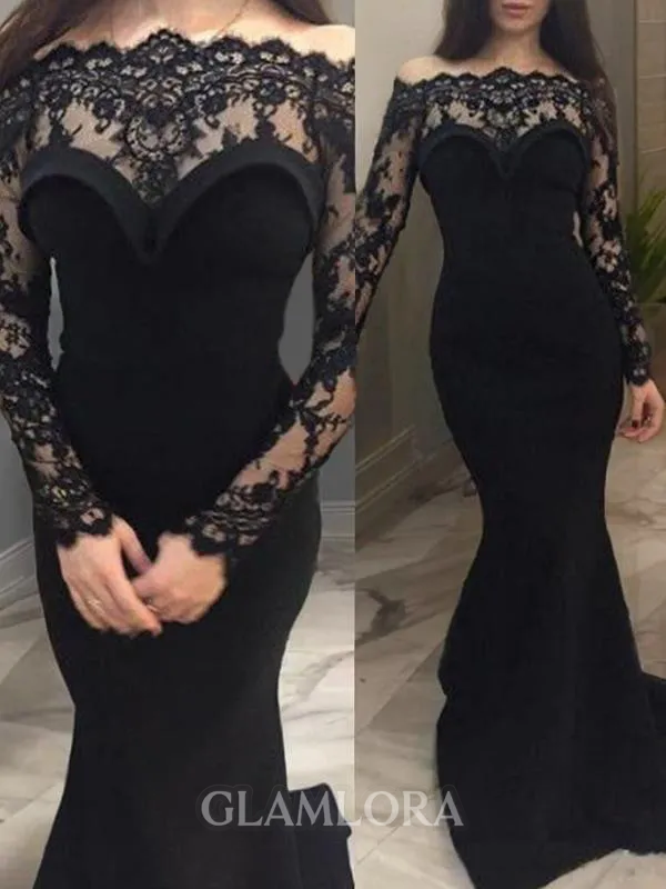 Trumpet/Mermaid Off-the-Shoulder Svelte Long Sleeves Sweep Train Silk like Satin Prom Dress With Lace