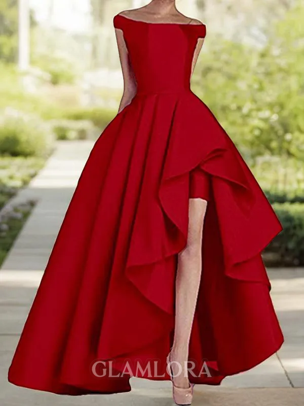 A-line Off-the-Shoulder Sleeveless Asymmetrical Classy Satin Prom Dress