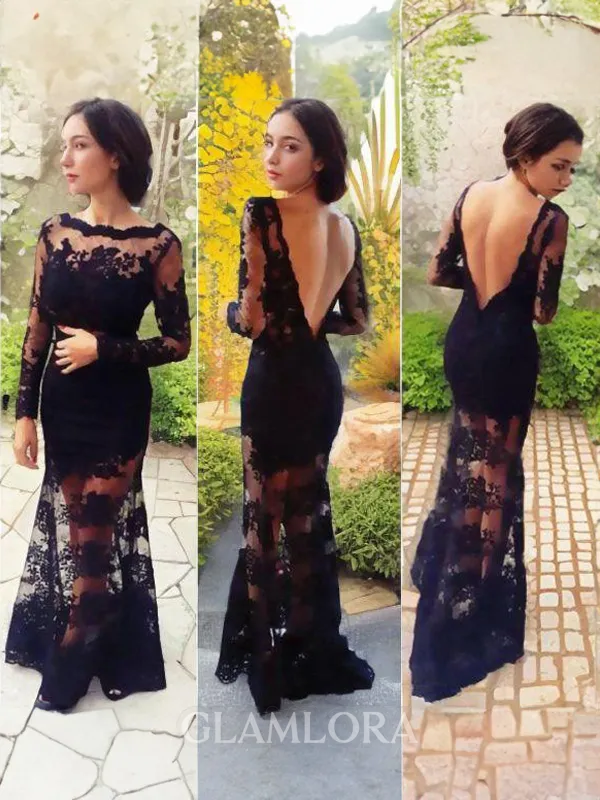 A-line Bateau Classic Long Sleeves Sweep Train Lace Prom Dress With Lace