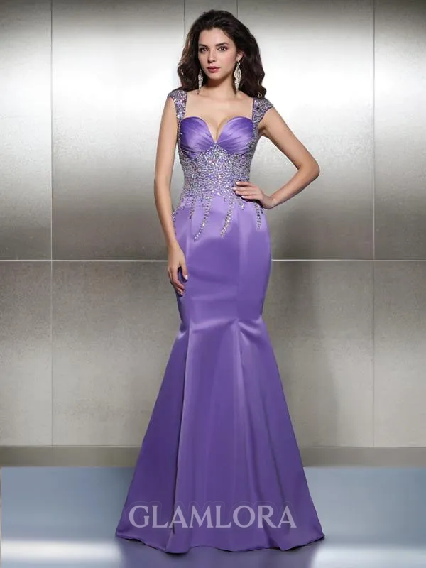 Trumpet/Mermaid Sweetheart Sleeveless Sweep Train Graceful Satin Prom Dress With Beading