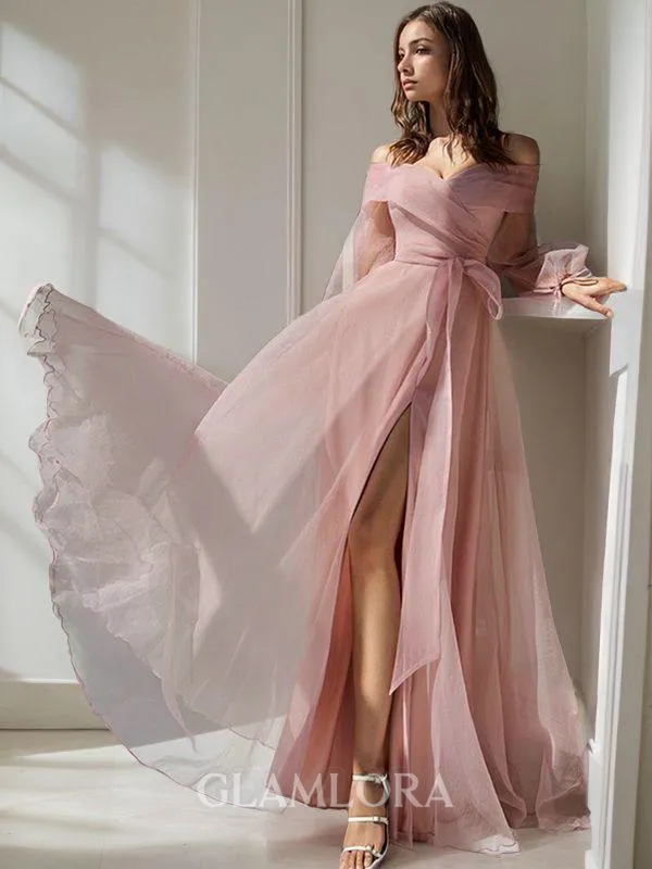 A-line Off-the-Shoulder Long Sleeves Floor-Length Organza Stylish Prom Dress