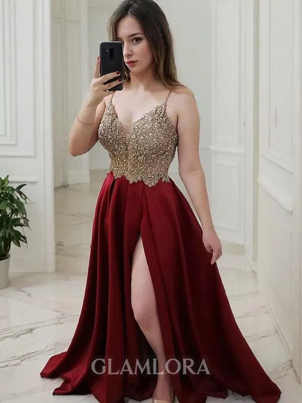 A-line Straps Sleeveless Flowing Sweep Train Satin Prom Dress With Slit