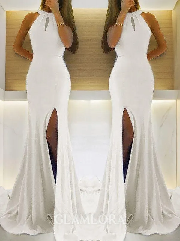 Sheath/Column Halter Sleeveless Sweep Train Seductive Stretch Crepe Prom Dress With Ruffles