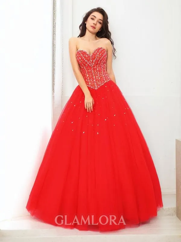 Ball-Gown Sweetheart Sleeveless Floor-Length Tulle Pretty Prom Dress With Beading
