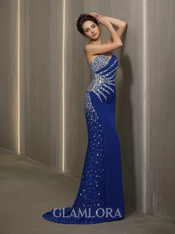 Trumpet/Mermaid Fitted Sweetheart Sleeveless Court Train Chiffon Prom Dress With Rhinestone