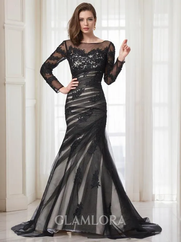 Trumpet/Mermaid Jewel Curvaceous Long Sleeves Sweep Train Tulle Prom Dress With Applique