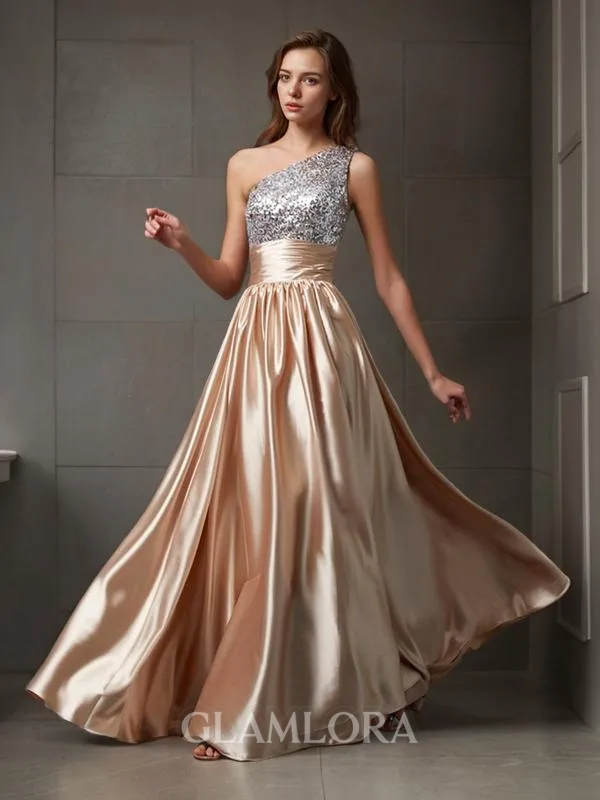 A-line One-Shoulder Sleeveless Beautiful Floor-Length Silk like Satin Prom Dress With Paillette