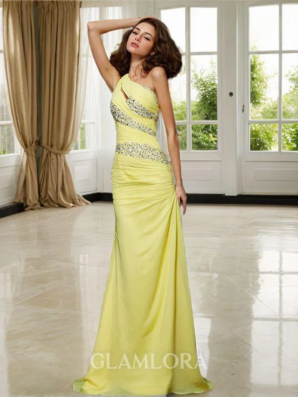 Sheath/Column One-Shoulder Sleeveless Sweep Train Perfect Chiffon Prom Dress With Beading