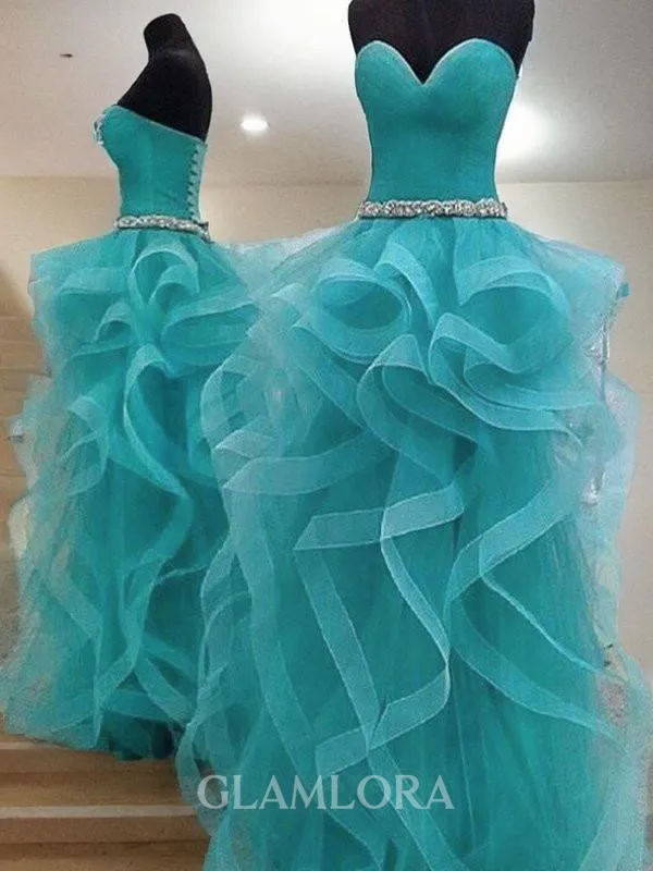 Ball-Gown Princess Dreamy Sweetheart Sleeveless Floor-Length Tulle Prom Dress With Beading