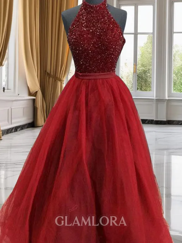 Ball-Gown High Neck Glam Sleeveless Floor-Length Tulle Prom Dress With Beading