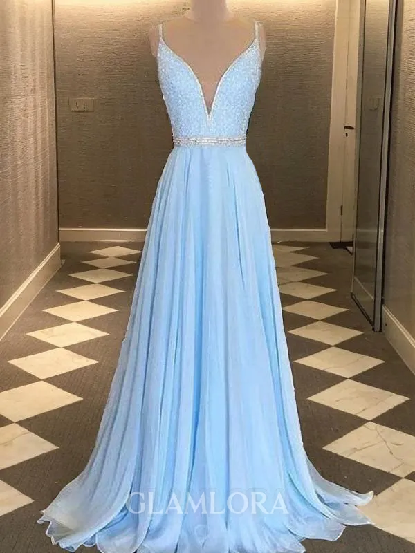 Refined A-line V-Neck Sleeveless Sweep Train Chiffon Prom Dress