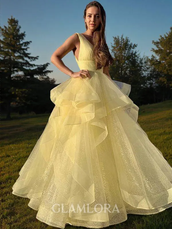 Ball-Gown Princess V-Neck Sleeveless Flowy Floor-Length Tulle Prom Dress With Ruffles