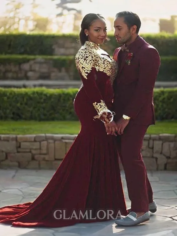 Trumpet/Mermaid High Neck Long Sleeves Court Train Velvet Sophisticated Prom Dress With Applique