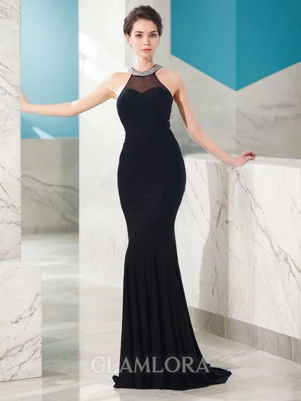 Sheath/Column Fashion Jewel Sleeveless Sweep Train Jersey Prom Dress With Beading