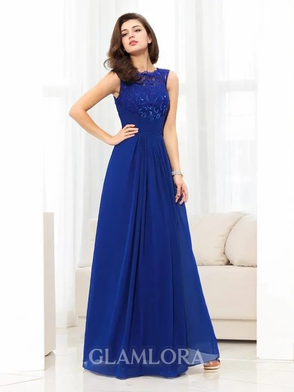 A-line Scoop Sleeveless Unique Floor-Length Chiffon Prom Dress With Lace