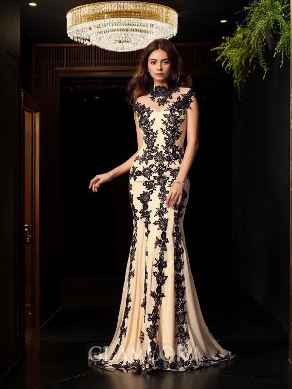 Trumpet/Mermaid High Neck Sleeveless Sweep Train Glamorous Chiffon Prom Dress With Applique