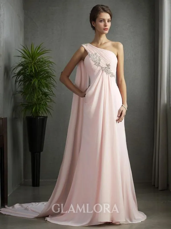 A-line One-Shoulder Sleeveless Sweep Train Pretty Chiffon Prom Dress With Beading