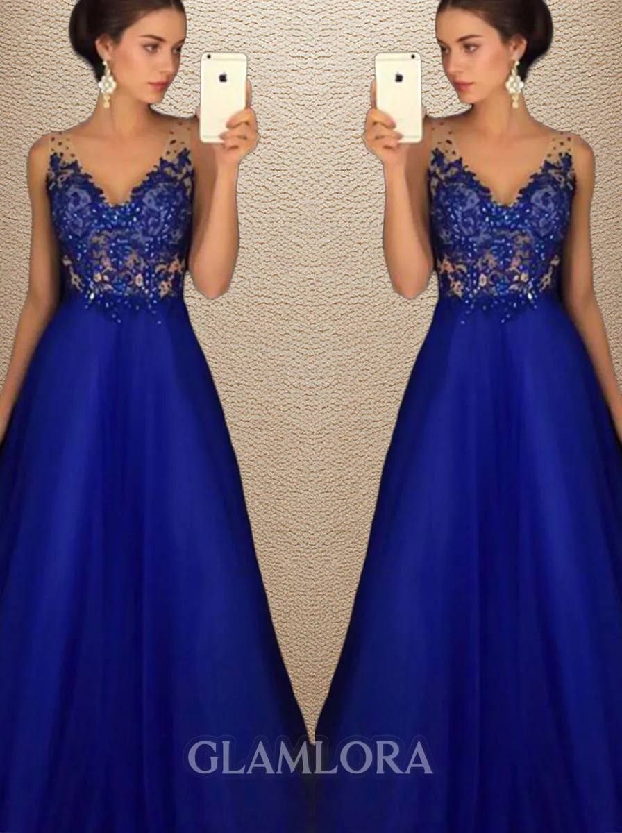 A-line Princess V-Neck Sleeveless Floor-Length Tulle Charming Corset Prom Dress With Applique