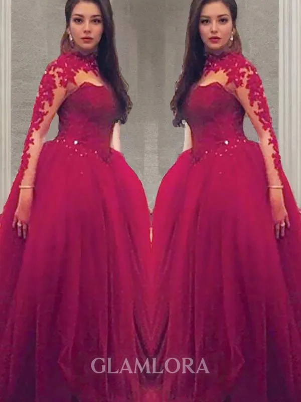 Regal Ball-Gown Princess High Neck Long Sleeves Floor-Length Tulle Prom Dress With Applique