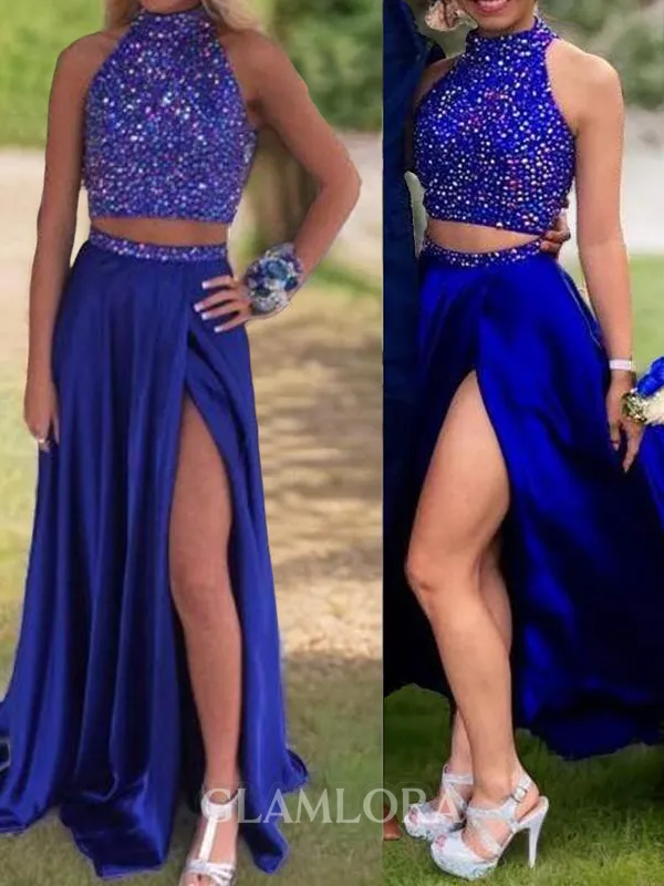 A-line High Neck Delicate Sleeveless Sweep Train Silk like Satin Prom Dress With Beading