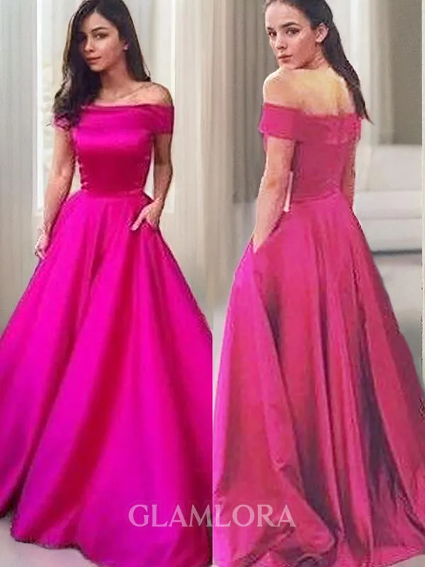 A-line Off-the-Shoulder Sleeveless Sweep Train Flattering Satin Prom Dress With Ruffles