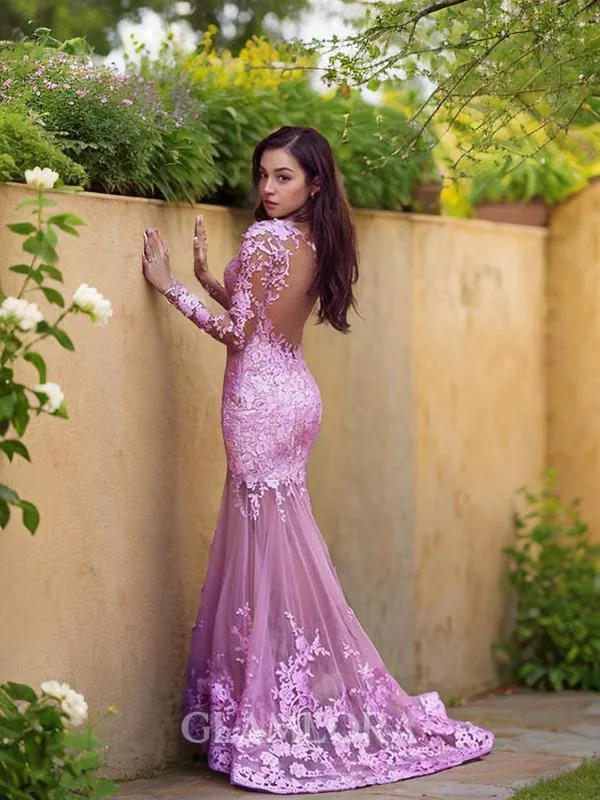 Trumpet/Mermaid Jewel Long Sleeves Sweep Train Sensual Tulle Prom Dress With Applique