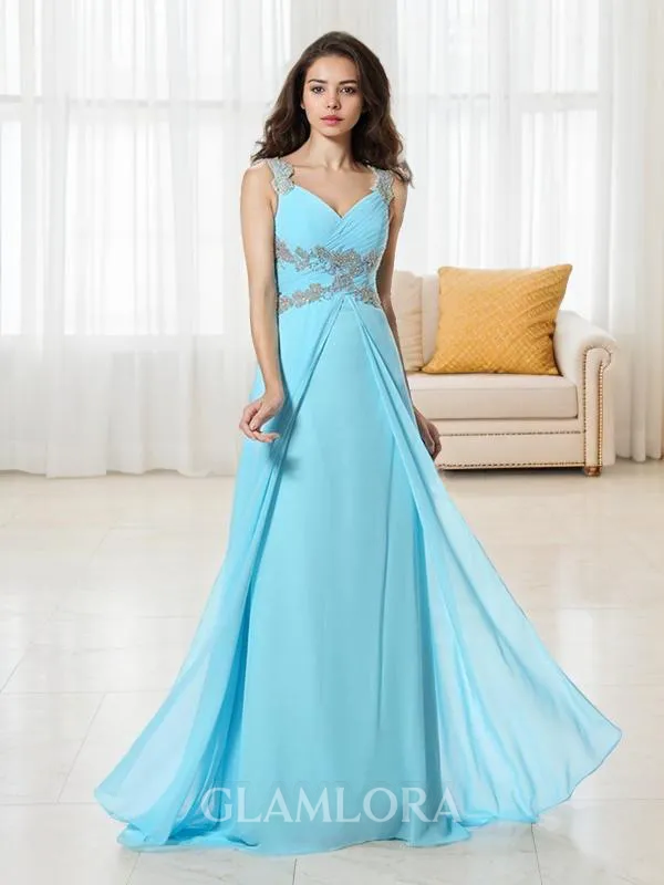 A-line V-Neck Sleeveless Floor-Length Elegant Chiffon Prom Dress With Beading