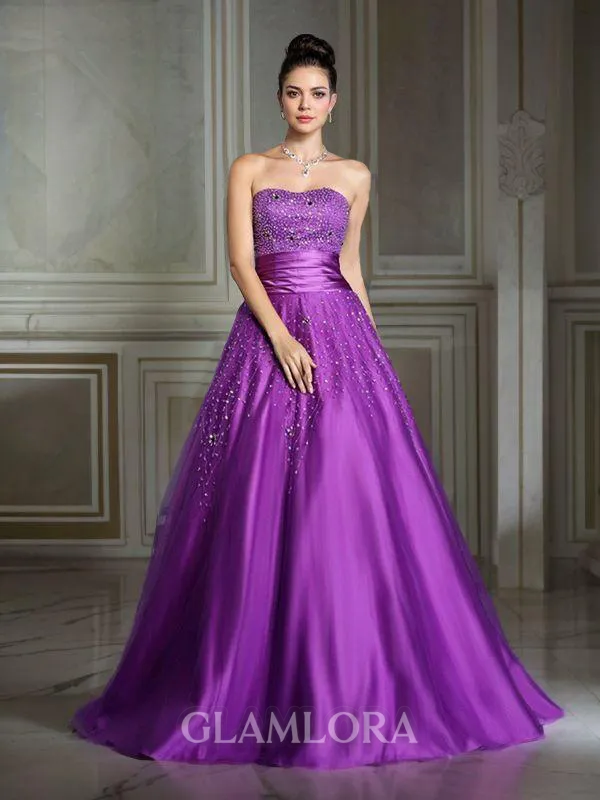 Ball-Gown Sweetheart Sleeveless Floor-Length Satin Fairy-tale Prom Dress With Beading