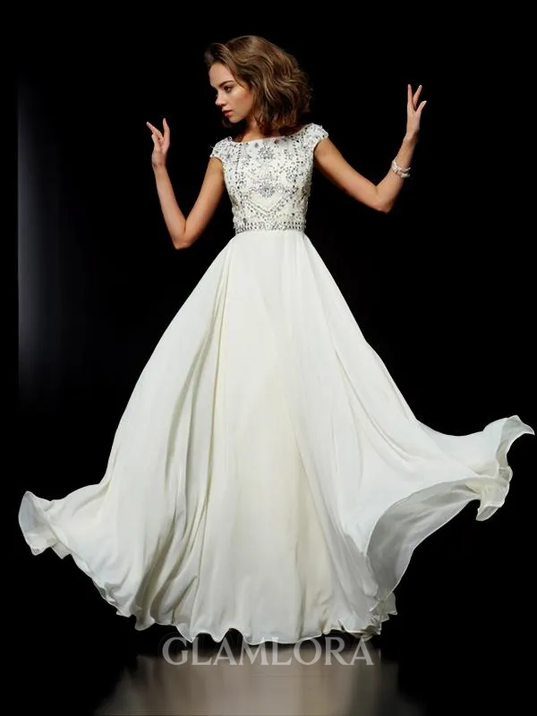Enchanting Ball-Gown High Neck Short Sleeves Floor-Length Chiffon Prom Dress With Beading